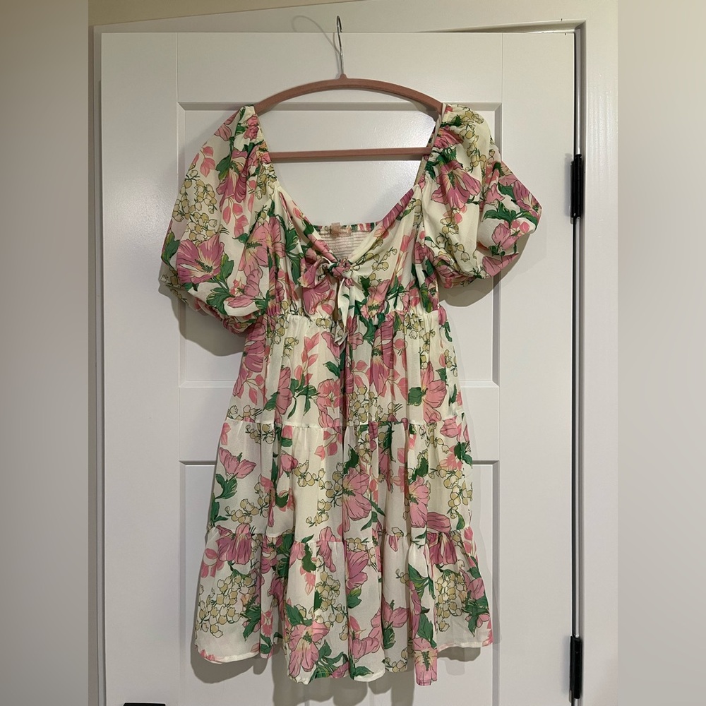 Pink and Green Floral Dress with Puff Sleeves